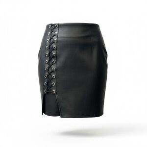 Women's Black Faux Leather Lace-Up Mini Skirt